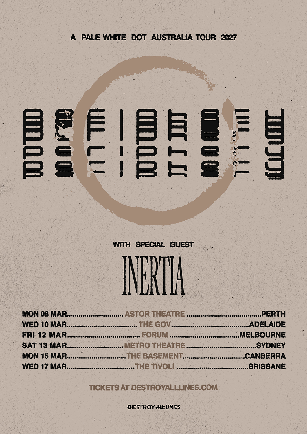 Tour poster for Periphery’s A Pale White Dot Australia Tour 2027 featuring special guest Inertia, showing venue dates on a textured paper background.